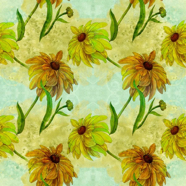 Kusursuz Desenler Çiçek Dürtüleri Sarı Çiçekler Tomurcuklar Suluboya Dekoratif Kompozisyon — Stok fotoğraf