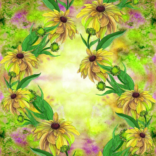 Patrones Sin Costuras Motivos Florales Flores Capullos Amarillos Acuarela Composición — Foto de Stock
