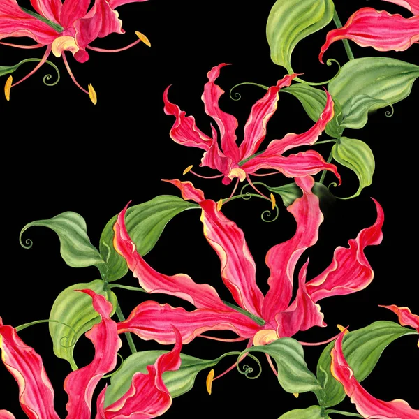 Seamless Pattern Flowers Leaves Watercolor Background Garden Flowers Gloriosa Use — стоковое фото