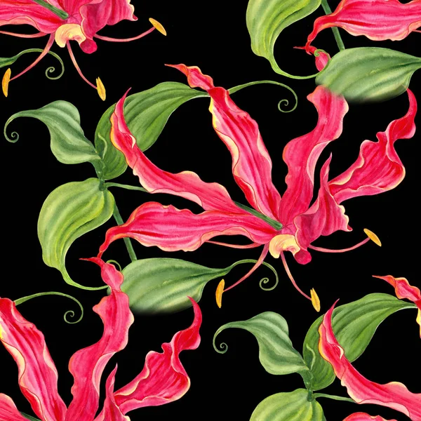 Seamless Pattern Flowers Leaves Watercolor Background Garden Flowers Gloriosa Use — Stockfoto