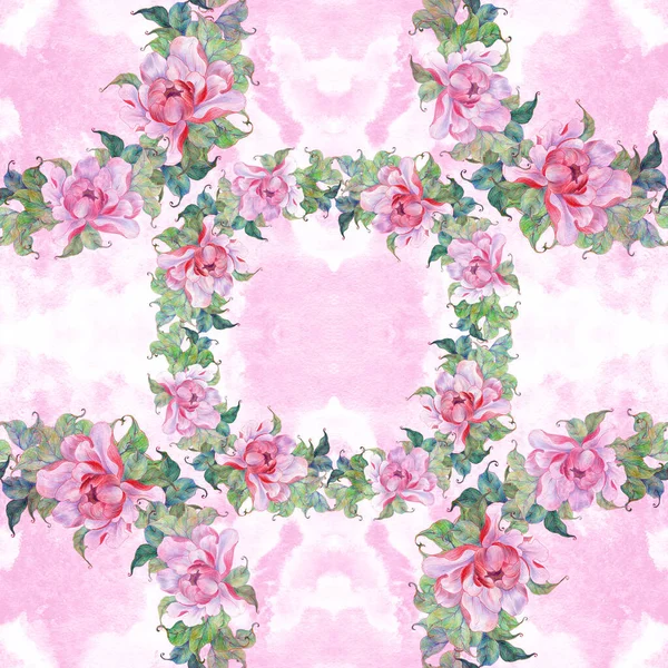 Seamless Patterns Pink Peony Flower Leaves Collage Flowers Leaves Buds — Stock Photo, Image