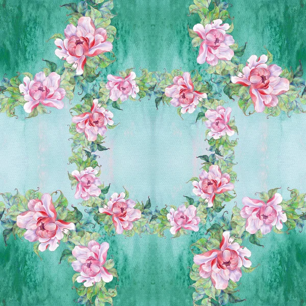 Sömlösa Mönster Rosa Pion Blomma Med Blad Collage Blommor Blad — Stockfoto