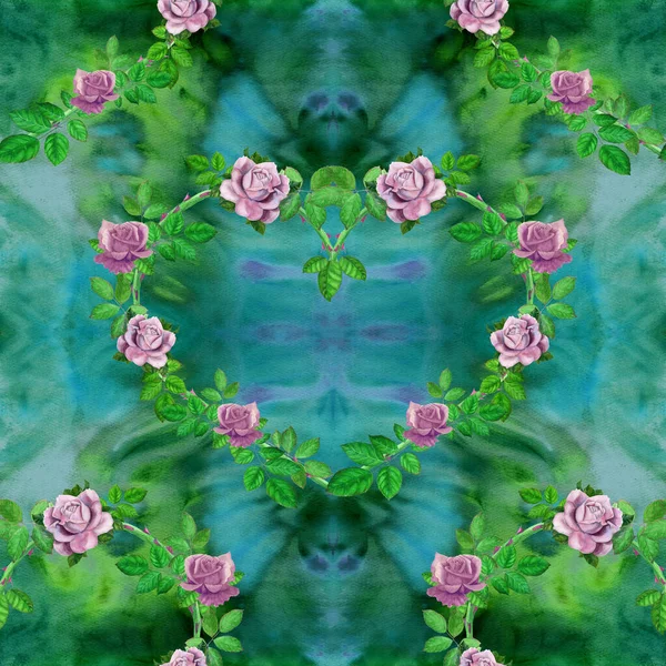 Ramas Rosas Forma Corazón Con Flores Hojas Fondo Pantalla Abstracto —  Fotos de Stock