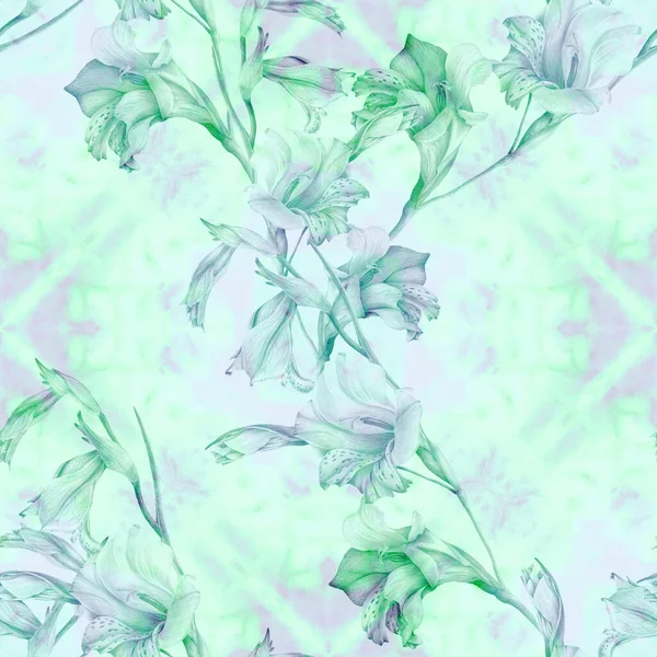 Ветвь Цветами Гладиолус Акварель Фон Абстрактные Обои Цветочными Мотивами Бесшовный — стоковое фото