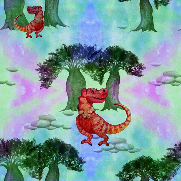Dinosaurier Und Palmen Zeichentrickfigur Illustration Für Kinder Verwenden Sie Gedruckte — Stockfoto