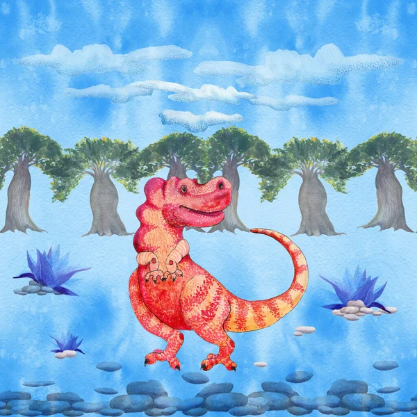 Dinosaur and palm trees, cartoon character. Illustration for children. Use printed materials, signs, items, websites, maps, posters, postcards, Drawing watercolor. Seamless pattern.