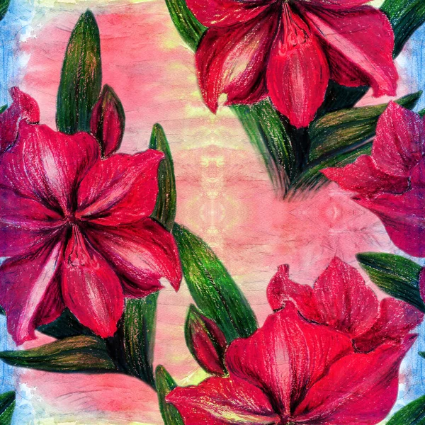 アマリリスの花 花や蕾で分枝します クレヨン ドローイング春の花 シームレスなパターン 印刷物 ポスター ポストカード パッケージを使用する — ストック写真