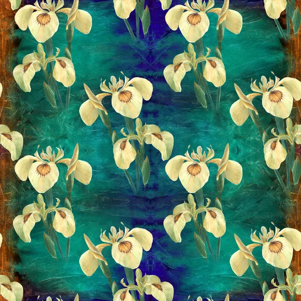 Айрис Бесшовный Шаблон Декоративный Состав Цветы Бутоны Ирисов Фоне Акварели — стоковое фото