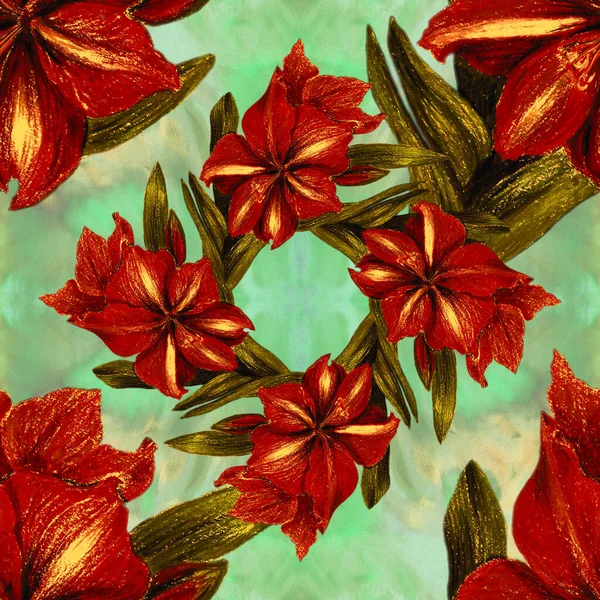 Квіти Амаріллі Гілка Квітами Бутонами Малюнок Креона Весняна Квітка Безшовні — стокове фото