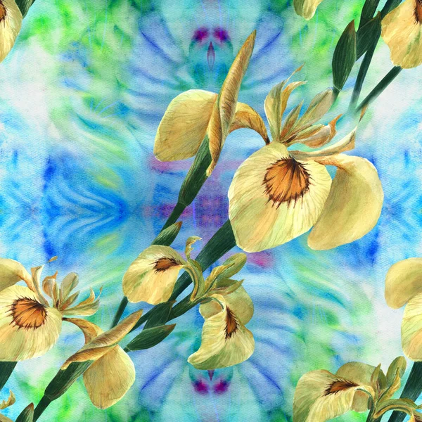 Iris Patrón Sin Costuras Composición Decorativa Flores Brotes Iris Fondo —  Fotos de Stock