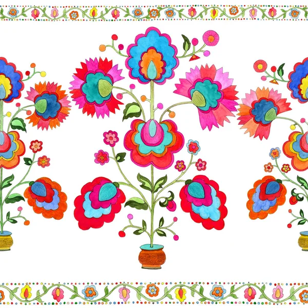 Ukrainian Ethnic Motif Seamless Pattern Decorative Composition Floral Motifs Watercolor — стоковое фото