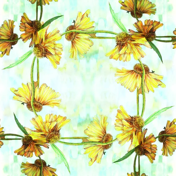 Yellow Flowers Decorative Composition Watercolor Background Seamless Pattern Rudbeckia Wallpaper — Stock Photo, Image