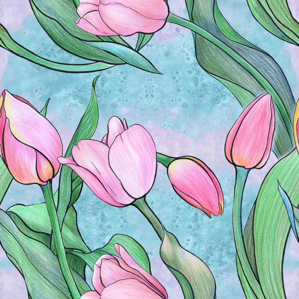 Virág Tulipán Zökkenőmentes Minta Kollázs Virágok Levelek Rügyek Egy Akvarell — Stock Fotó