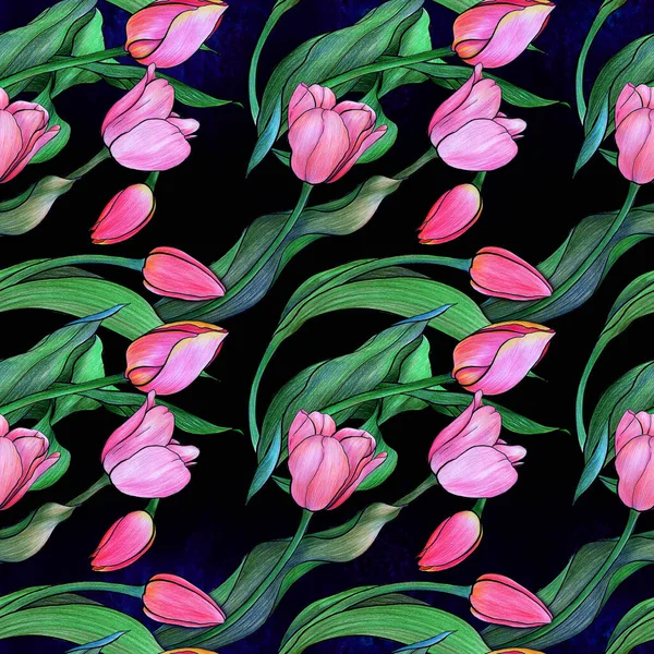 Flower tulip. Seamless pattern. Collage of flowers, leaves and buds on a watercolor background. Use printed materials, signs, posters, postcards, packaging. Spring flowers.