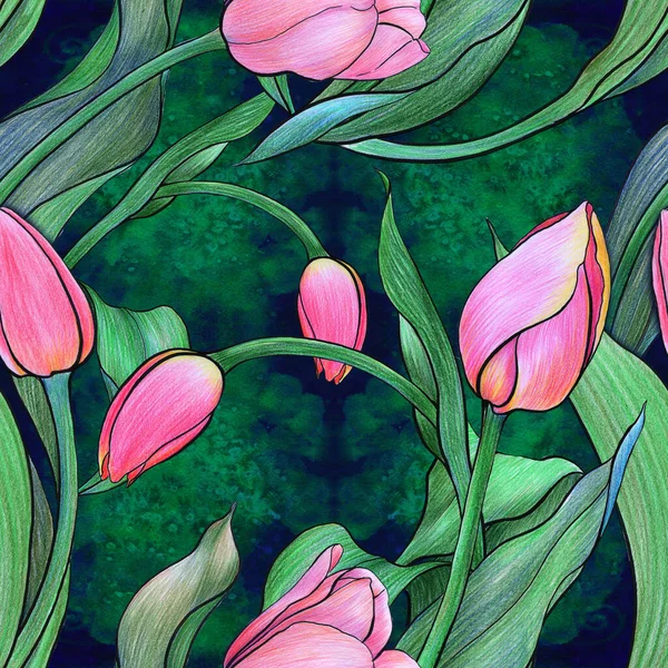 Tulipano Fiori Schema Senza Soluzione Continuità Collage Fiori Foglie Boccioli — Foto Stock