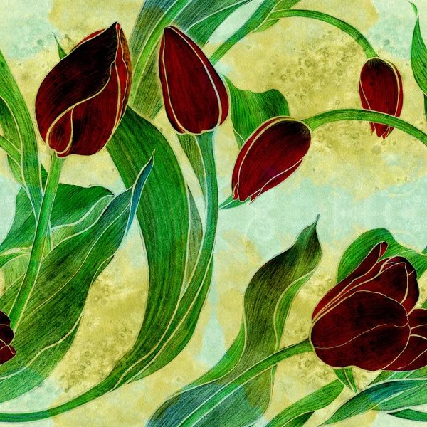 Virág Tulipán Zökkenőmentes Minta Kollázs Virágok Levelek Rügyek Egy Akvarell — Stock Fotó