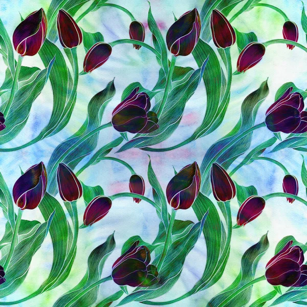 Tulipano Fiori Schema Senza Soluzione Continuità Collage Fiori Foglie Boccioli — Foto Stock