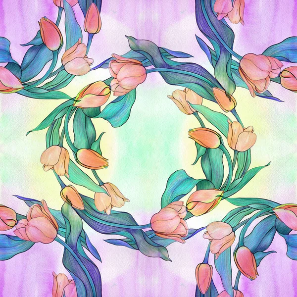 Blütentulpe Nahtloses Muster Collage Aus Blumen Blättern Und Knospen Auf — Stockfoto