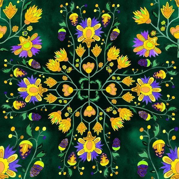 Floral Ukrainian ethnic motif. Seamless pattern. Decorative composition with floral motifs. Watercolor. Wallpaper. Use printed materials, signs, posters, postcards, packaging.