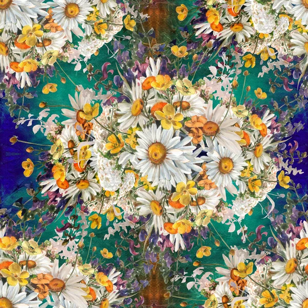 Sömlöst Mönster Vilda Blommor Och Örter Kamomillblommor Dekorativ Sammansättning Akvarell — Stockfoto