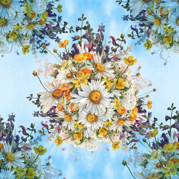 Zökkenőmentes Minta Vadvirágok Gyógynövények Kamillavirág Dekoratív Kompozíció Akvarell Illusztráció Dekoratív — Stock Fotó