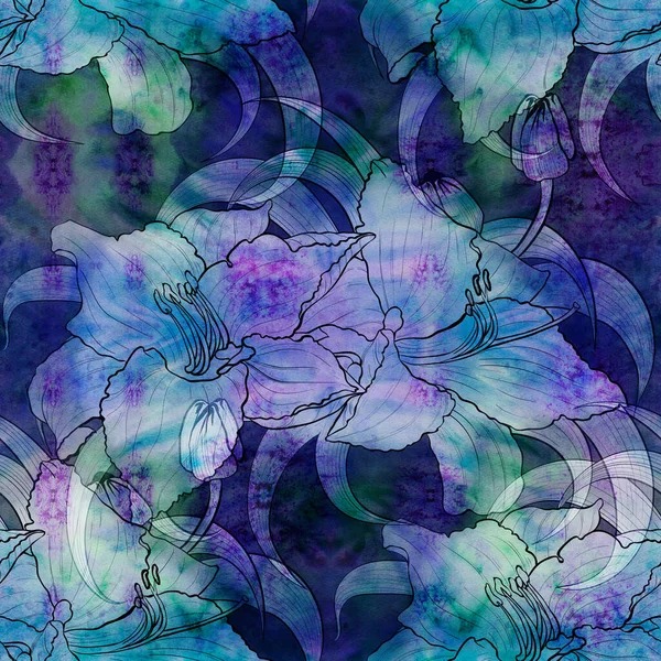 Seamless Pattern Lily Flowers Buds Leaves Floral Digital Art Summer —  Fotos de Stock