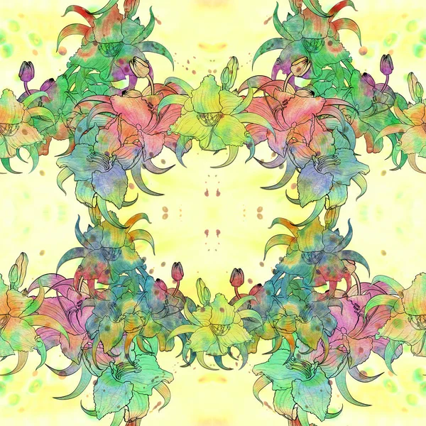 Naadloos Patroon Lily Bloemen Knoppen Bladeren Digitale Bloemenkunst Zomer Tuinbloemen — Stockfoto
