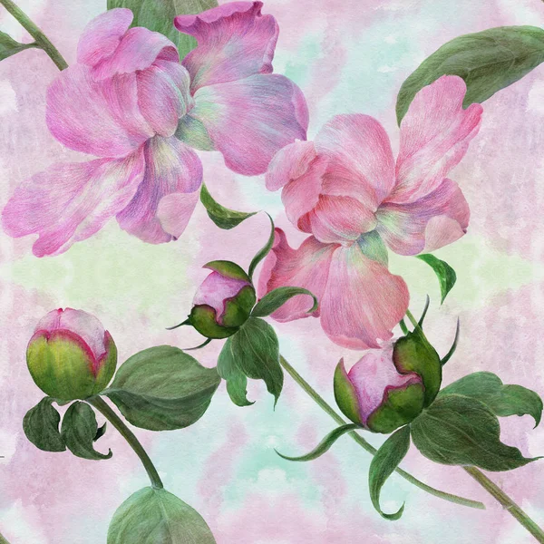 Peony Flowers Watercolor Background Seamless Pattern Collage Flowers Leaves Use — Photo