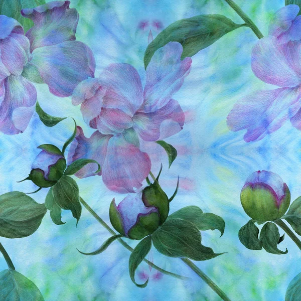 Peony Flowers Watercolor Background Seamless Pattern Collage Flowers Leaves Use — 스톡 사진
