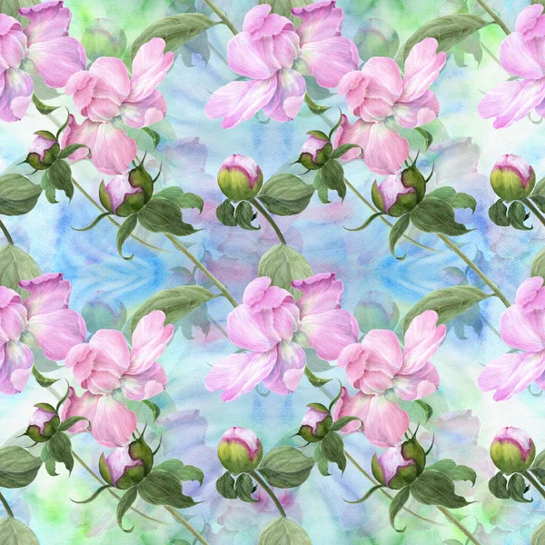 Peony flowers on a watercolor background. Seamless pattern. Collage of flowers and leaves. Use printed materials, drawings on fabric, objects, scrapbooking, greeting cards.