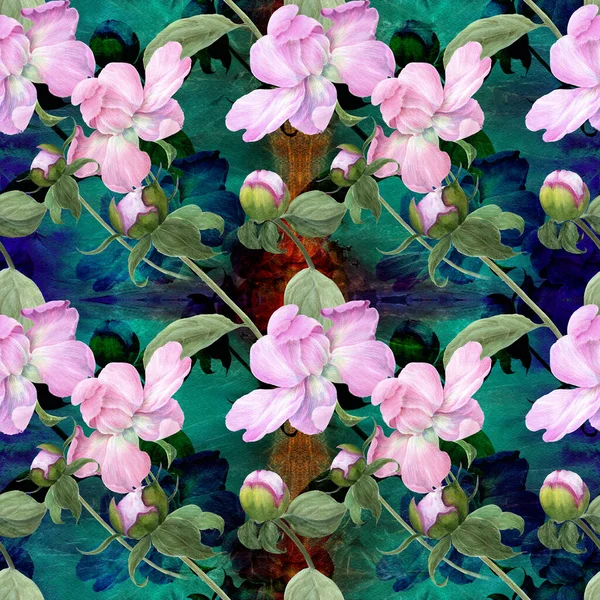 Pioenenbloemen Een Aquarelachtergrond Naadloos Patroon Collage Van Bloemen Bladeren Gebruik — Stockfoto
