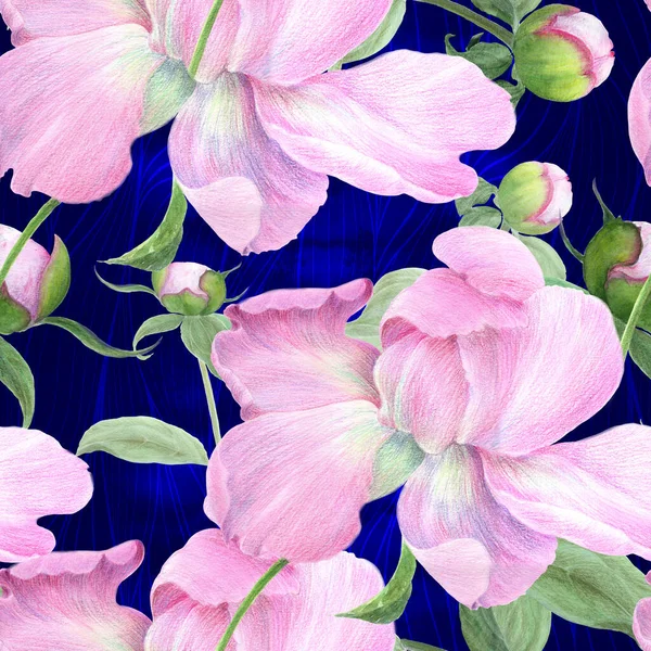 Peony flowers on a watercolor background. Seamless pattern. Collage of flowers and leaves. Use printed materials, drawings on fabric, objects, scrapbooking, greeting cards.