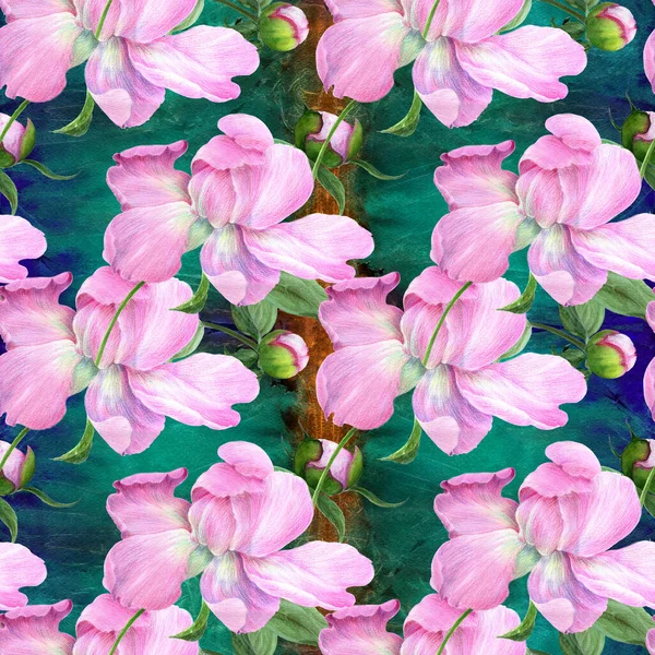 Peony flowers on a watercolor background. Seamless pattern. Collage of flowers and leaves. Use printed materials, drawings on fabric, objects, scrapbooking, greeting cards.