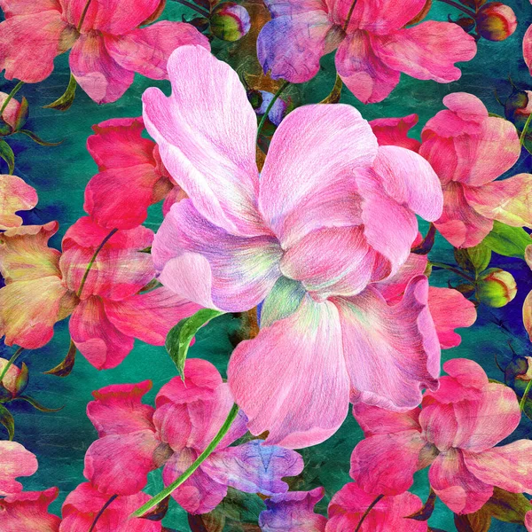 Suluboya Arka Planda Şakayık Çiçekleri Kusursuz Desen Çiçek Yaprak Kolajı — Stok fotoğraf