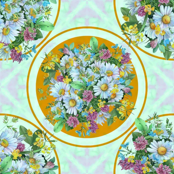 Seamless Pattern Wild Flowers Herbs Chamomile Flowers Decorative Composition Watercolor — Zdjęcie stockowe