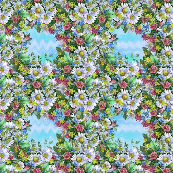 Seamless Pattern Wild Flowers Herbs Chamomile Flowers Decorative Composition Watercolor — Photo
