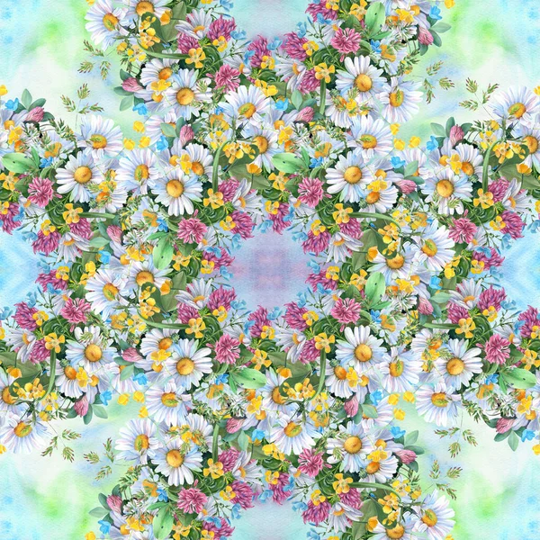 Seamless Pattern Wild Flowers Herbs Chamomile Flowers Decorative Composition Watercolor —  Fotos de Stock