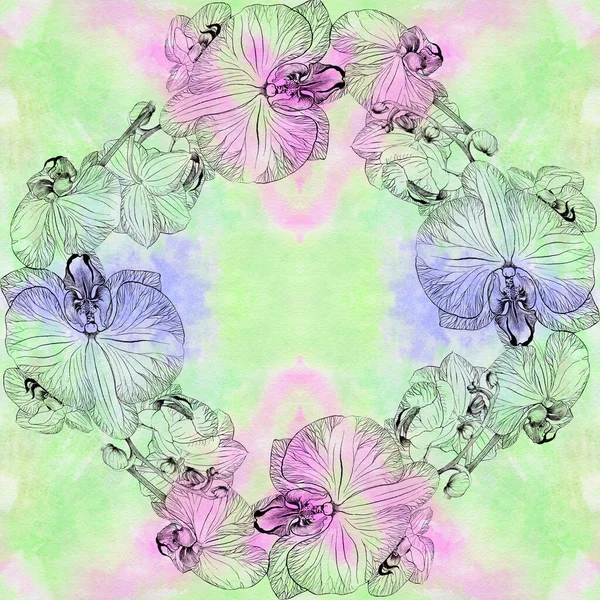 Motif Sans Couture Orchidées Fleurs Bourgeons Feuilles Sur Fond Aquarelle — Photo