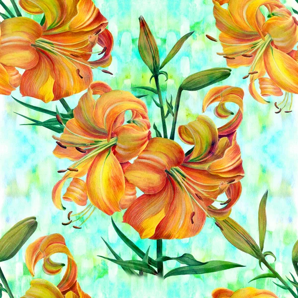 Zökkenőmentes Minta Egy Sárga Liliom Virágai Rügyei Levelei Vízfesték Virágmotívumok — Stock Fotó