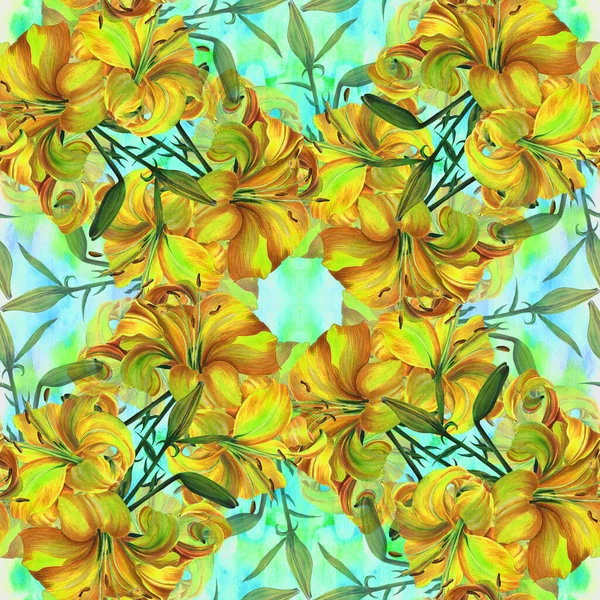 Бесшовный Шаблон Цветы Почки Листья Жёлтой Лилии Акварель Цветочные Мотивы — стоковое фото