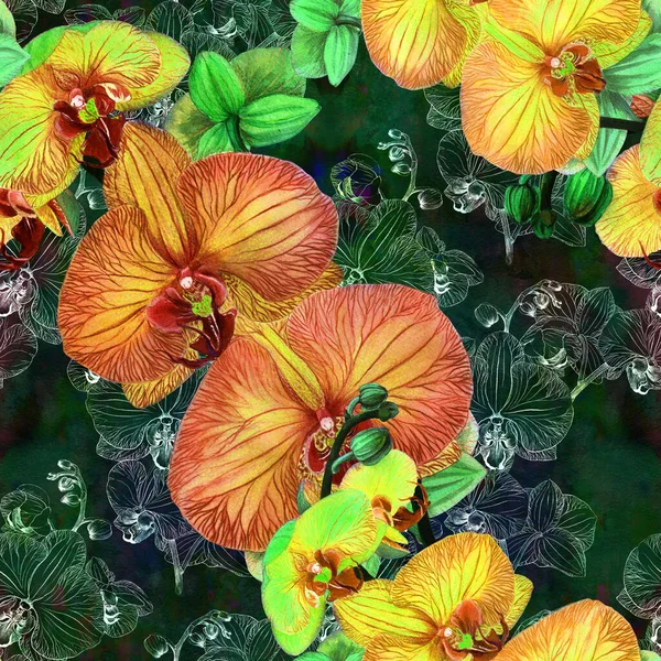 Patrón Sin Costura Orquídeas Flores Brotes Hojas Sobre Fondo Acuarela — Foto de Stock
