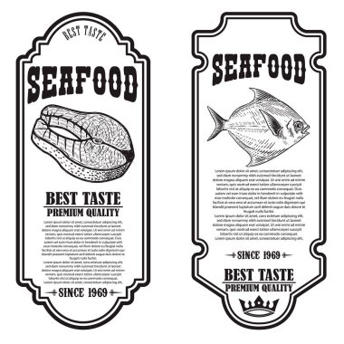 Deniz ürünleri el ilanları seti. Poster, afiş, işaret, amblem için tasarım elemanı. Vektör illüstrasyonu