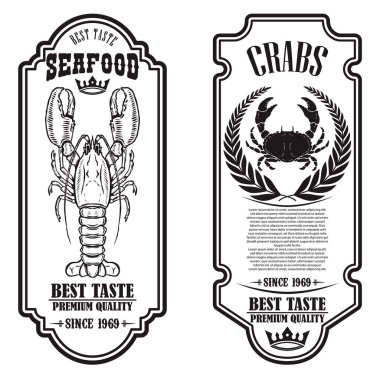 Istakoz ve yengeç resimli deniz ürünleri broşürleri. Poster, afiş, işaret, amblem için tasarım elemanı. Vektör illüstrasyonu