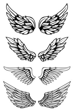 Beyaz arka planda izole edilmiş dövme stili kanat çizimleri. Logo, etiket, rozet ve imza için tasarım elemanı. Vektör illüstrasyonu