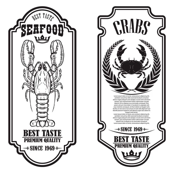 Istakoz ve yengeç resimli deniz ürünleri broşürleri. Poster, afiş, işaret, amblem için tasarım elemanı. Vektör illüstrasyonu