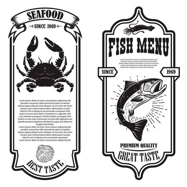 Set Brosur Makanan Laut Dengan Kepiting Dan Ilustrasi Ikan Unsur - Stok Vektor