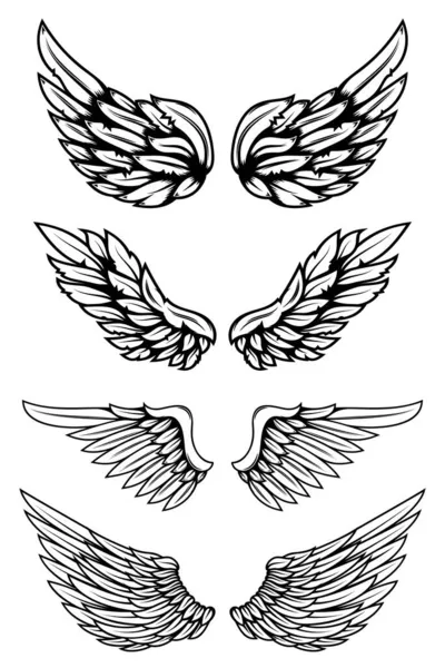 Σύνολο Απεικονίσεων Φτερών Στυλ Τατουάζ Που Απομονώνονται Λευκό Φόντο Στοιχείο — Διανυσματικό Αρχείο