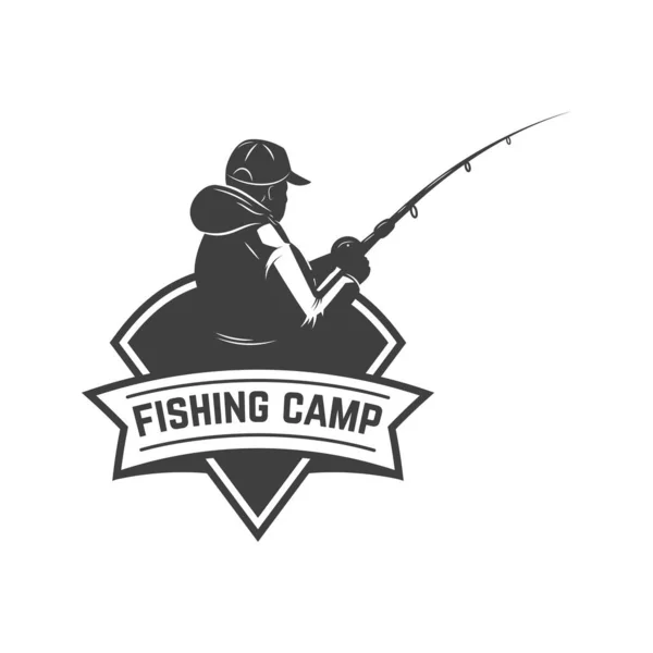 Campamento Pesca Plantilla Emblema Con Pescador Elemento Diseño Para Logo — Archivo Imágenes Vectoriales