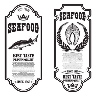 Deniz ürünleri el ilanları seti. Poster, afiş, işaret, amblem için tasarım elemanı. Vektör illüstrasyonu