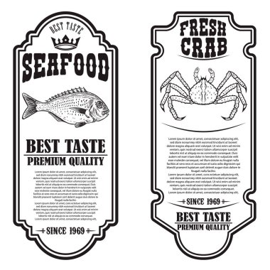 Yengeç ve balık resimli deniz ürünleri broşürleri. Poster, afiş, işaret, amblem için tasarım elemanı. Vektör illüstrasyonu